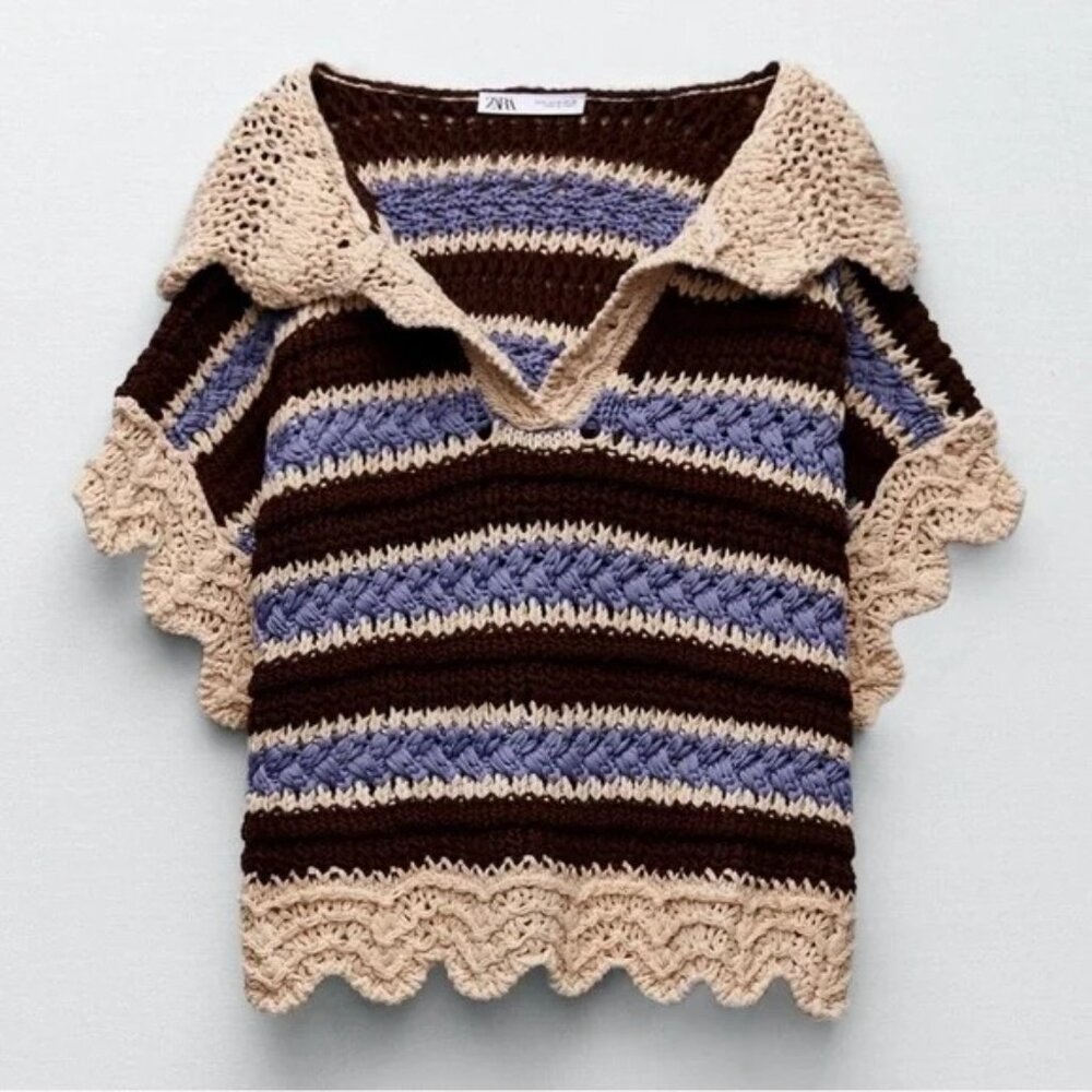 Zara Crochet Knit Hooded Short Sleeve Sweater